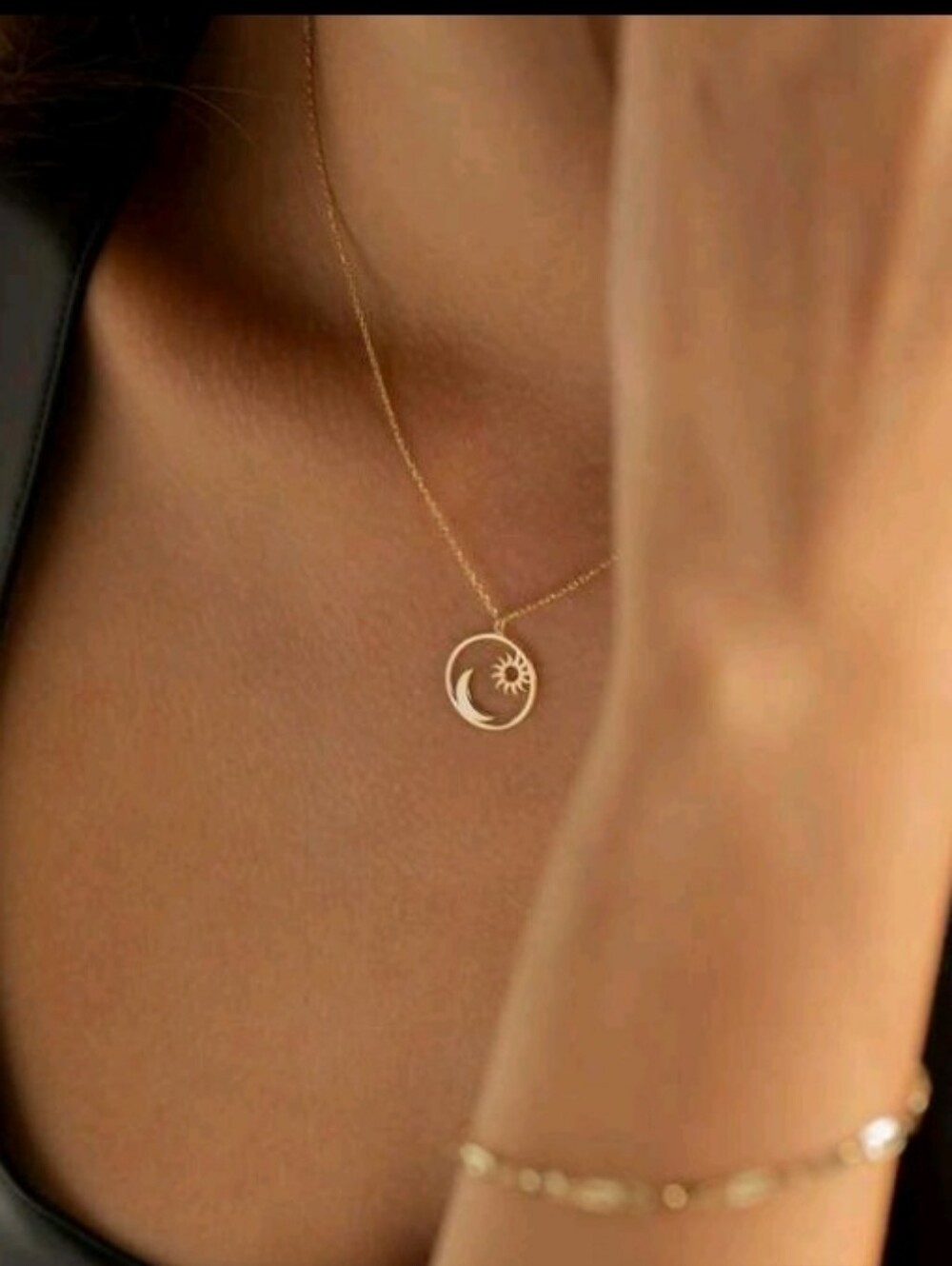 NEW! 14K Gold Plated Celestial Crescent Moon & Sun Pendant Chain Necklace